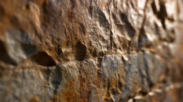 Macro shot of a weathered rock surface with intricate details, erosion patterns, and rustic charm