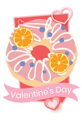 
Valentine's Day Strawberry Glazed Donut Illustration - Sweet Pastry with Orange Slices and Blueberries on Pink Ribbon Background