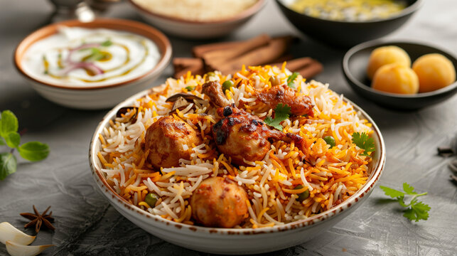 Indian spisy food Murgh Tikka Biryani or Chicken Tikka Biryani with raita and gulab jamun Served in a dish side view ramdan food on grey background