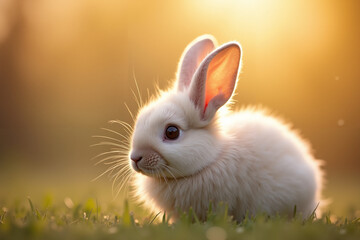 Cute white rabbit sitting on grass during sunset light  