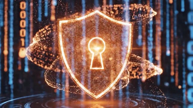 Glowing digital shield with keyhole symbol against binary code rain