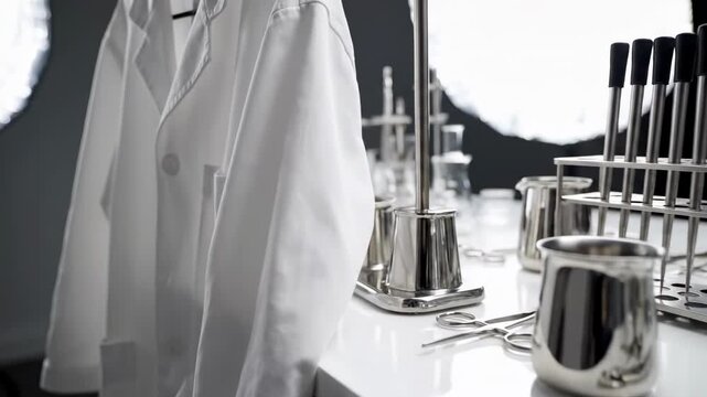Professionally lit studio shot of a crisp, white laboratory coat hanging next to neatly organized stainless steel scientific tools on a clean counter shot, chemistry, Professionally