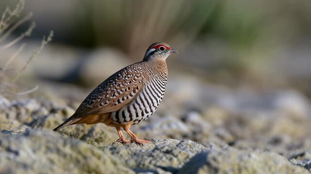 Portrait of a charming and beautiful Coqui Francolin bird perched on rock in the wild
