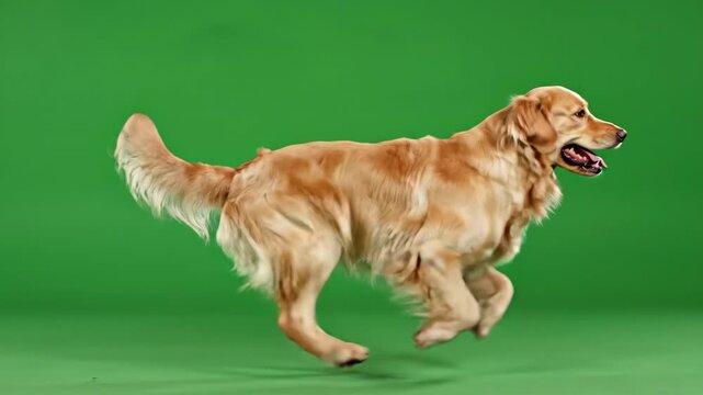 Profile view of a Golden Retriever dog running in place creating a seamless looping running cycle on a bright chroma key green screen motion loop, persistence, advertising