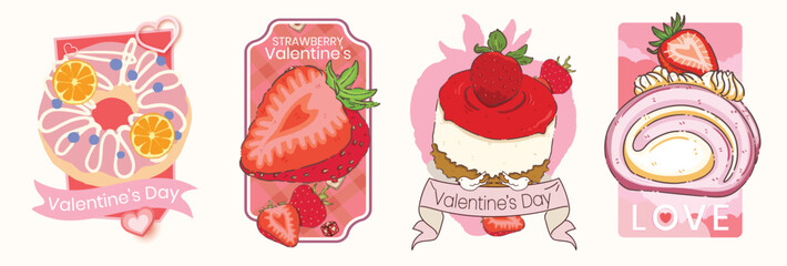 Strawberry Valentine's Day Dessert Set - Kawaii Illustrations of Donut, Strawberry Slice, Cheesecake, and Swiss Roll