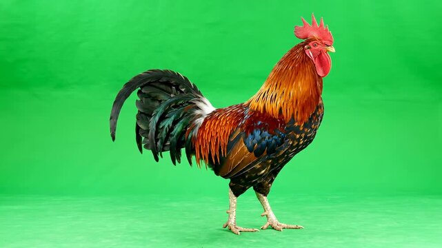 Proud Gallic rooster walking deliberately across a seamless surface, fully isolated on a bright green screen for easy keying farm, stepping, bird