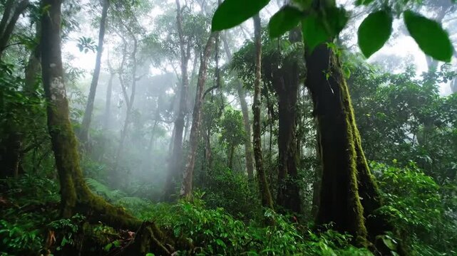A verdant forest bathed in mist, with lush green vegetation and imposing trees. The atmosphere is mysterious