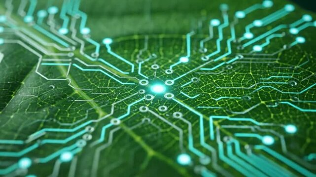 Macro shot of a green leaf with a glowing digital circuit pattern superimposed, blending nature and technology.