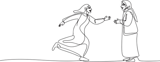 Fototapeta premium Continuous one line drawing happy Arabian woman running to meet grandmother. Vacation at grandparents home. Mother, senior female. one line Icon drawing