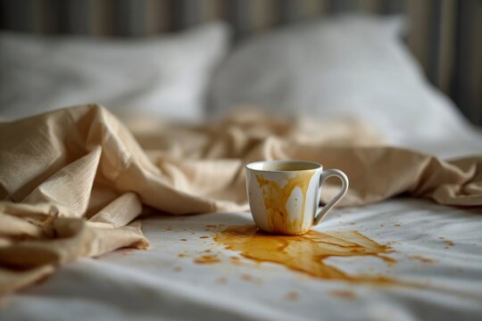 An overturned mug of coffee stains a bed with white sheets and a creamcolored blanket
