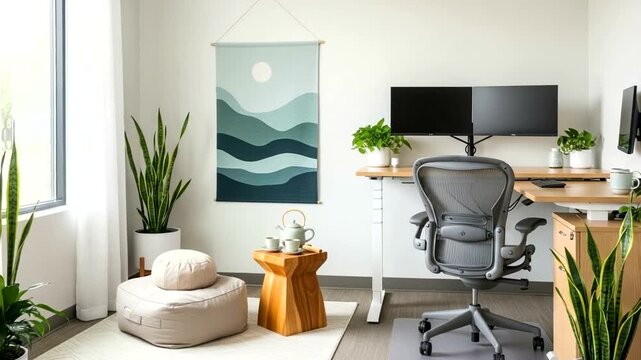Modern Office Space with Plants and Artwork.