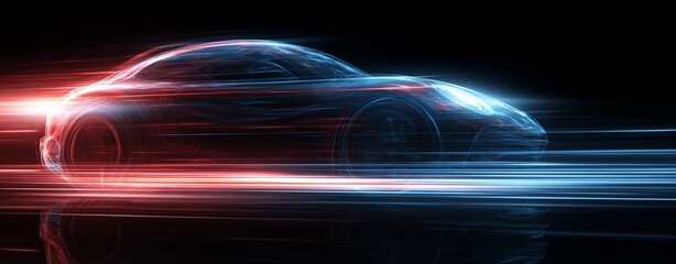 Velocity in Motion: An evocative portrayal of a sleek vehicle in dynamic movement, painted with light and speed, evoking a sense of powerful energy and the thrill of the open road.
