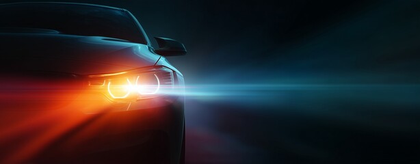 Dynamic Illumination: A car's headlights pierce through the darkness, showcasing automotive design and technological prowess in a captivating interplay of light and shadow.