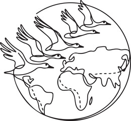 Fototapeta premium Single one line drawing goose flies mass around globe full. Go in groups to avoid predatory birds. Avoiding summer in the south. World Migratory Bird Day. one line Icon drawing