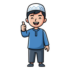 Happy Muslim Boy Thumbs Up Gesture Cartoon Vector