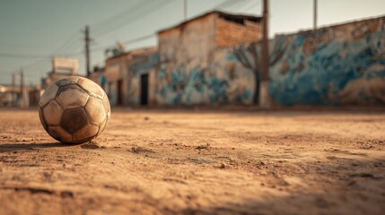Old Football in Rural Area: A worn and weathered football rests on a dusty ground with backdrop of rustic architecture, evocative of simpler times and local culture. 