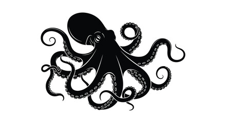 A striking black octopus illustration with intricately curled tentacles presented as a silhouette on transparent background high quality professional detailed modern © GDMala02
