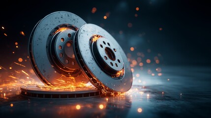 Brake Discs: Close-up of metallic brake discs, with focus on automotive elements. Sparks around the disc creates dynamic and powerful image. 