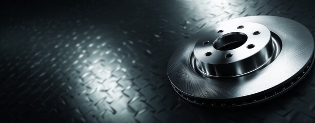 Shiny Brake Disc: A close-up view of a gleaming brake disc, emphasizing its intricate design and robust construction, set against a backdrop of industrial textures.