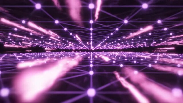 Pulsating geometric network grid structure in deep purple rapidly expanding with electric pink data streaks flowing along the connections like a futuristic digital circuit board board, modern, concept
