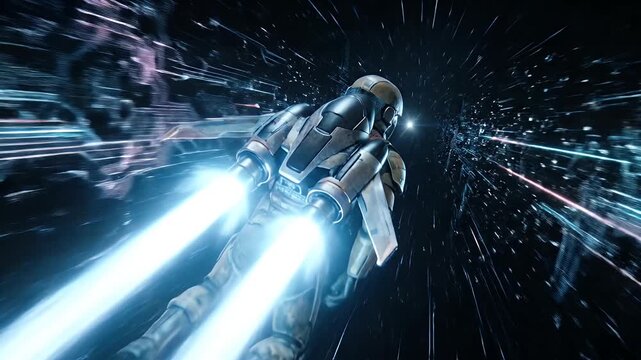Rear view of astronaut flying fast with jetpack through warp speed tunnel in outer space