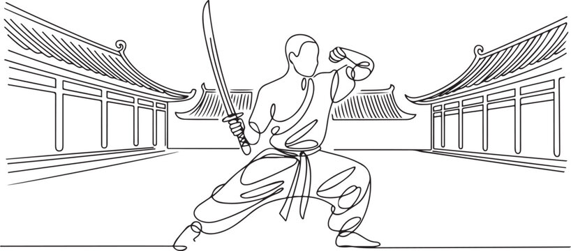 Single continuous line drawing of young muscular shaolin monk man holding sword train at shaolin temple. Traditional Chinese kung fu fight concept. one line Icon drawing