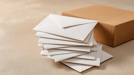 Letters and Package: Stack of white envelopes and brown cardboard box represent correspondence and delivery, perfect for illustrating themes like communication and logistics.