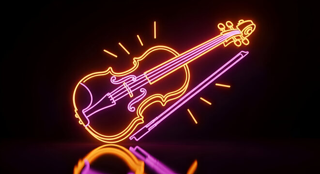 Vibrant neon outline of a violin and bow illuminated in striking pink and orange hues against a dark background creating a modern musical art piece with glowing reflections