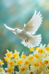 Obraz premium Celebration of saint david's day with dove and daffodils in bloom. Vertical banner. Copy space. Template for first communion, baptism, wedding invitation, card