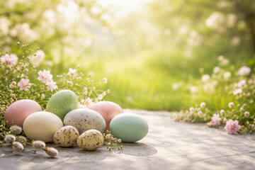 Obraz premium pastel easter eggs resting on sunlit garden table surrounded by spring flowers and greenery, fresh outdoor seasonal still life in soft green, pink, and cream tones, expressing renewal and joy