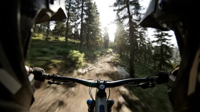 First-person view (POV) of a mountain biker descending a rocky, technical trail in a sunlit forest.