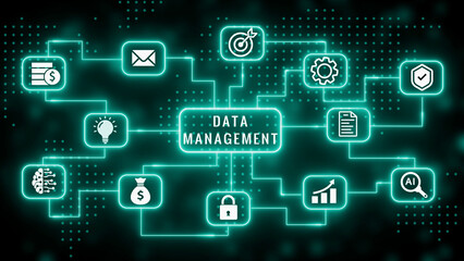 Obraz premium Digital data management flowchart with glowing teal representing finance, email, ideas, AI, security, and workflow on a dark background with digital dots