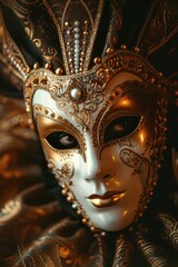 Ornate mardi gras mask with golden embellishments - festive carnival celebration. Vertical banner. Carnaval celebration