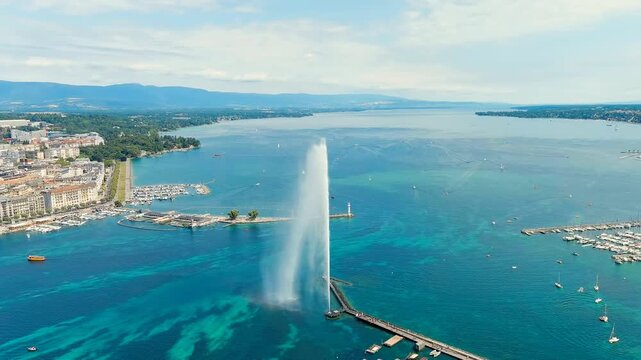 Geneva, Switzerland. Fountain Je-Deau. Large fountain jet up to 140 meters. The main attraction of Lake Geneva. Summer day. Drone footage, Point of interest