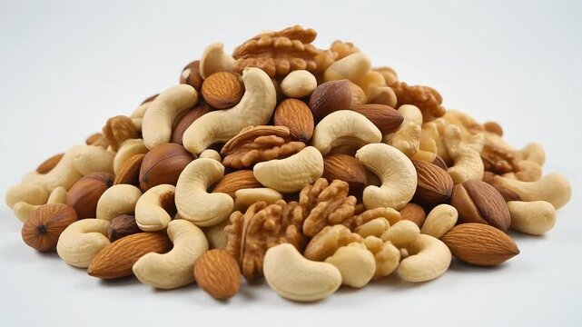 Pile of Mixed Nuts Almonds Cashews Hazelnuts and Walnuts on White Background