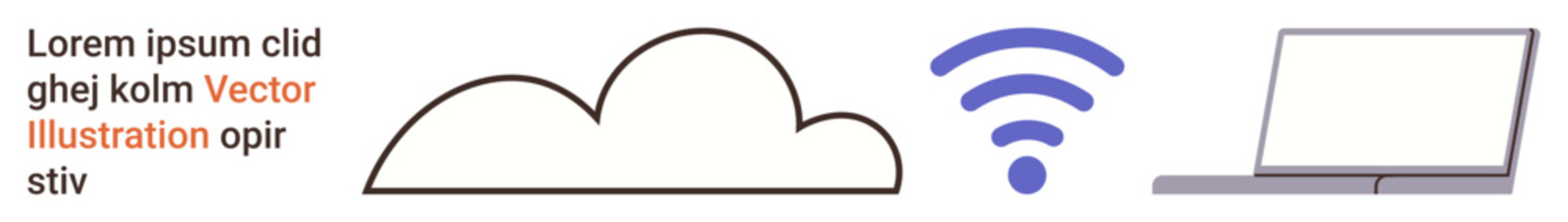Cloud computing, wireless communication, technology infrastructure, internet services, data sharing, remote access. Minimalist illustration features a cloud, wireless symbol and a laptop. Cloud