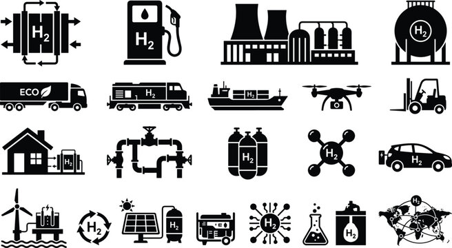 Title: Hydrogen energy and green fuel icons set featuring h2 gas station factory transport and renewable power symbols vector illustration.