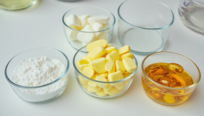 Vitamin pill supplement capsule glass bowl ingredient collection on white background, clean healthcare nutrition concept with colorful tablet arrangement for medical research focus