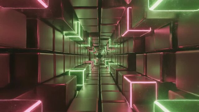 Pulsing abstract geometric cube tunnel structure rendering in deep crimson and emerald green creating a high-tech Christmas frame background network, structure, loopable