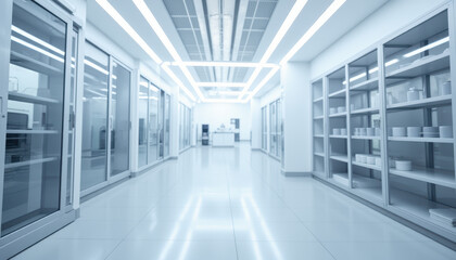 Modern pharmacy interior white corridor clean shelf empty aisle bright light glass door tiled floor medical store retail space clinical design modern pharmacy interior with white corridor clean
