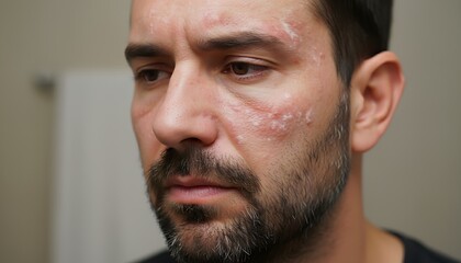 Obraz premium A close-up portrait of a man with skin condition scars, looking pensively