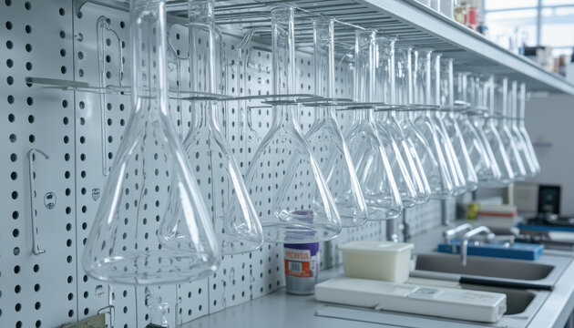 Laboratory glassware empty flask science equipment sterile lab chemical research clean surface clinical light laboratory interior scientific tool medical research