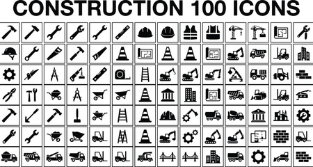 Mega collection of construction silhouette icons containing heavy machinery hand tools building materials safety gear and architectural equipment for industry.