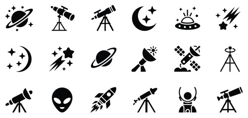 Astronomy space science icon set featuring planets, stars, telescope, rocket, satellite, galaxy, and orbit symbols, perfect for education, research, space apps, and vector illustration projects. © WelcomeJune
