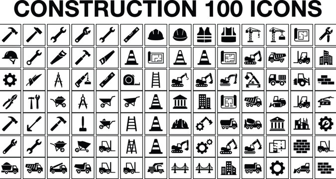 Mega collection of construction silhouette icons containing heavy machinery hand tools building materials safety gear and architectural equipment for industry.