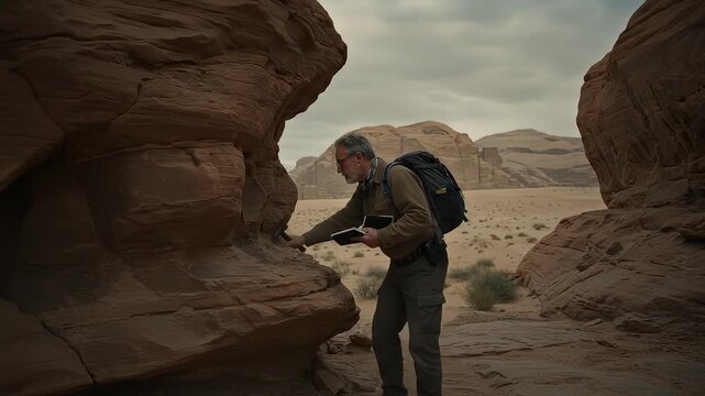 Geologist Exploring Desert Landscape - A Journey Through Time.