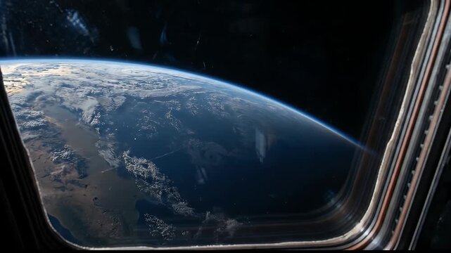 View of planet earth from spaceship window in outer space orbit