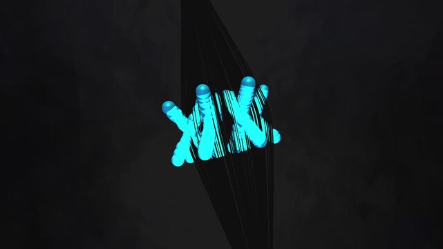 Computed visualization of mitosis metaphase. Glowing X-shaped chromosomes align at the cell equator while vibrating spindle fibers pull with tension. Seamless loop for medical and scientific montages.