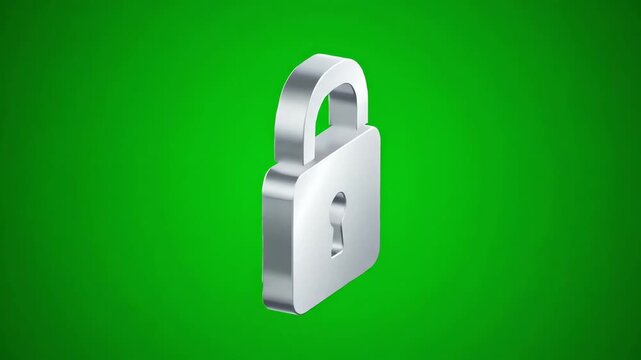 Silver Padlock Rotating on Green Screen, Symbolizing Digital Security, Protection, and Privacy