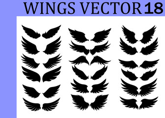 Obraz premium Group of black silhouette wing in various forms and sizes, neatly arranged in three vertical columns against a plain white background, with a light blue border accentuating the left area